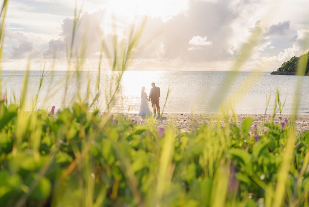 beach wedding shoot with green